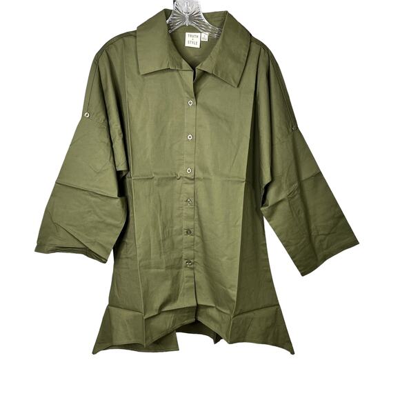 Truth + Style Tops - Truth + Style Woven Dolman Sleeve Green Button Shirt w/ Shark Bite Hem